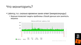 Что	мониторить?
• Latency,	т.е.	сколько	времени	занял	ответ (микросекунды)
• Хорошо	позволяет	видеть	проблемы	с	базой	данных	или	занятость	
машины
 