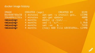docker image history
IMAGE CREATED (ago) CREATED BY SIZE
06f880788e38 6 minutes apt-get -y install gcc… 153MB
3964096123fa 7 minutes apt-get update 40MB
<missing> 4 months mkdir -p /run/... 7B
<missing> 4 months sed -i ’s/^... 1.9kB
<missing> 4 months set -xe &... 745B
<missing> 4 months (nop) ADD file 68f83d96c… 129MB
 