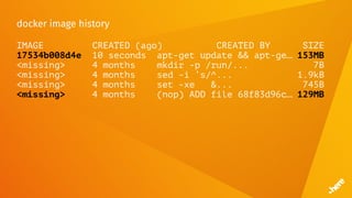 docker image history
IMAGE CREATED (ago) CREATED BY SIZE
17534b008d4e 10 seconds apt-get update && apt-ge… 153MB
<missing> 4 months mkdir -p /run/... 7B
<missing> 4 months sed -i ’s/^... 1.9kB
<missing> 4 months set -xe &... 745B
<missing> 4 months (nop) ADD file 68f83d96c… 129MB
 