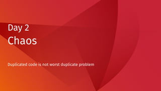 Day 2
Chaos
Duplicated code is not worst duplicate problem
 