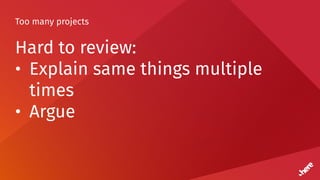 Too many projects
Hard to review:
• Explain same things multiple
times
• Argue
 