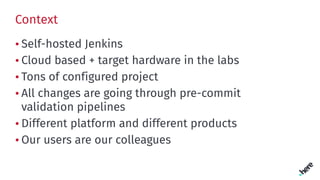 Context
• Self-hosted Jenkins
• Cloud based + target hardware in the labs
• Tons of configured project
• All changes are going through pre-commit
validation pipelines
• Different platform and different products
• Our users are our colleagues
 