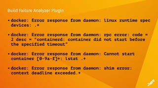 Build Failure Analyzer Plugin
• docker: Error response from daemon: linux runtime spec
devices: .+
• docker: Error response from daemon: rpc error: code =
2 desc = "containerd: container did not start before
the specified timeout”
• docker: Error response from daemon: Cannot start
container [0-9a-f]+: lstat .+
• docker: Error response from daemon: shim error:
context deadline exceeded.+
 