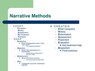 Narrative Methods C.H.A.R.T. C omplaint H istory A ssessment R x-Treatment T ransport S.O.A.P S ubjective What Pt/bystanders says in their “own words” C/C, SAMPLE/OPQRST  O bjective What YOU see/measure in assessment Scene size up, Assessment findings, Vitals,  A ssessment What YOU think is wrong Conclusion/Clinical impression P lan Treatments occurred, treatments planned C.H.E.A.T.E.D. C hief Complaint H istory E xamination A ssessment T reatment E valuation Did treatment help D isposition Final outcome 