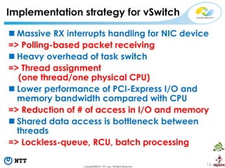 16 
Copyright©2014 NTT corp. All Rights Reserved. 
Implementation strategy for vSwitch 
Massive RX interrupts handling fo...