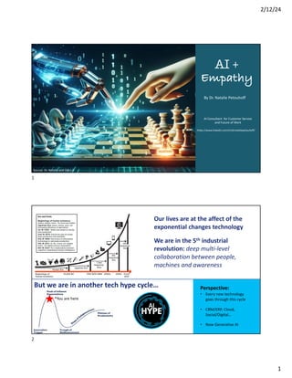 2/12/24
1
AI +
Empathy
AI Consultant for Customer Service
and Future of Work
https://www.linkedin.com/in/drnataliepetouhoff/
By Dr. Natalie Petouhoff
Source: Dr. Natalie and DALL-E
1
But we are in another tech hype cycle…
AI
Perspective:
• Every new technology
goes through this cycle
• CRM/ERP, Cloud,
Social/Digital…
• Now Generative AI
Our lives are at the affect of the
exponential changes technology
We are in the 5th industrial
revolution: deep multi-level
collaboration between people,
machines and awareness
*You are here
2
 