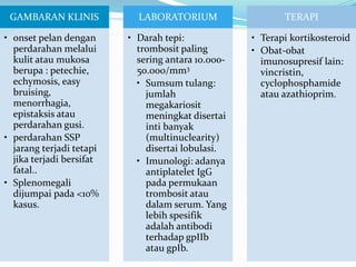 GAMBARAN KLINIS
• onset pelan dengan
perdarahan melalui
kulit atau mukosa
berupa : petechie,
echymosis, easy
bruising,
menorrhagia,
epistaksis atau
perdarahan gusi.
• perdarahan SSP
jarang terjadi tetapi
jika terjadi bersifat
fatal..
• Splenomegali
dijumpai pada <10%
kasus.
LABORATORIUM
• Darah tepi:
trombosit paling
sering antara 10.000-
50.000/mm3
• Sumsum tulang:
jumlah
megakariosit
meningkat disertai
inti banyak
(multinuclearity)
disertai lobulasi.
• Imunologi: adanya
antiplatelet IgG
pada permukaan
trombosit atau
dalam serum. Yang
lebih spesifik
adalah antibodi
terhadap gpIIb
atau gpIb.
TERAPI
• Terapi kortikosteroid
• Obat-obat
imunosupresif lain:
vincristin,
cyclophosphamide
atau azathioprim.
 