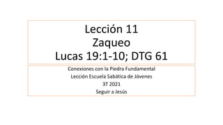 Lección 11
Zaqueo
Lucas 19:1-10; DTG 61
Conexiones con la Piedra Fundamental
Lección Escuela Sabática de Jóvenes
3T 2021
Seguir a Jesús
 