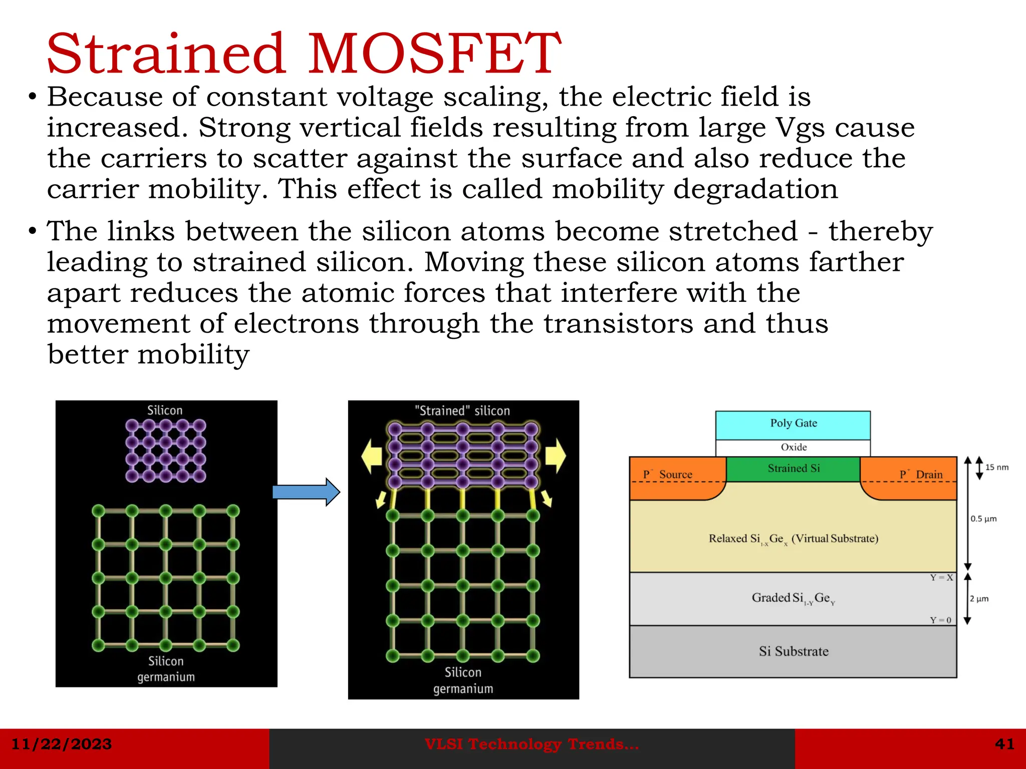 11/22/2023 VLSI Technology Trends... 41
Strained MOSFET
• Because of constant voltage scaling, the electric field is
increased. Strong vertical fields resulting from large Vgs cause
the carriers to scatter against the surface and also reduce the
carrier mobility. This effect is called mobility degradation
• The links between the silicon atoms become stretched - thereby
leading to strained silicon. Moving these silicon atoms farther
apart reduces the atomic forces that interfere with the
movement of electrons through the transistors and thus
better mobility
 