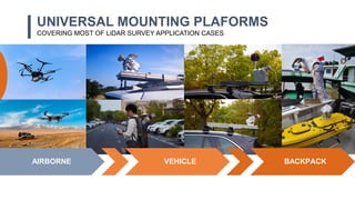 UNIVERSAL MOUNTING PLAFORMS
COVERING MOST OF LiDAR SURVEY APPLICATION CASES
BACKPACK
AIRBORNE VEHICLE
 