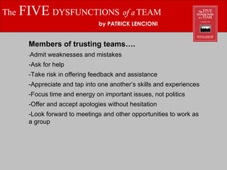 The   FIVE   DYSFUNCTIONS   of a  TEAM by PATRICK LENCIONI Members of trusting teams…. - Admit weaknesses and mistakes -Ask for help -Take risk in offering feedback and assistance -Appreciate and tap into one another’s skills and experiences -Focus time and energy on important issues, not politics -Offer and accept apologies without hesitation -Look forward to meetings and other opportunities to work as a group 