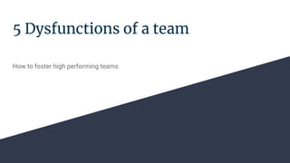 5 Dysfunctions of a team
How to foster high performing teams
 