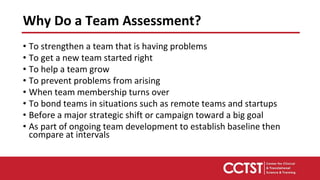 Why Do a Team Assessment?
• To strengthen a team that is having problems
• To get a new team started right
• To help a team grow
• To prevent problems from arising
• When team membership turns over
• To bond teams in situations such as remote teams and startups
• Before a major strategic shift or campaign toward a big goal
• As part of ongoing team development to establish baseline then
compare at intervals
 