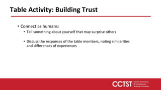 Table Activity: Building Trust
• Connect as humans:
• Tell something about yourself that may surprise others
• Discuss the responses of the table members, noting similarities
and differences of experiences
 