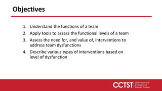 Objectives
1. Understand the functions of a team
2. Apply tools to assess the functional levels of a team
3. Assess the need for, and value of, interventions to
address team dysfunctions
4. Describe various types of interventions based on
level of dysfunction
 