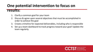 One potential intervention to focus on
results:
1. Clarify a common goal for your team
2. Discuss & agree upon several objectives that must be accomplished in
order to achieve the goal
3. Create a timeline for expected deliverables, including who is responsible
4. Set up a team dashboard to track progress toward your goal! Update the
team regularly.
 