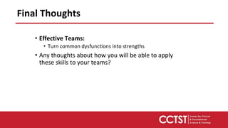 Final Thoughts
• Effective Teams:
• Turn common dysfunctions into strengths
• Any thoughts about how you will be able to apply
these skills to your teams?
 
