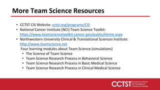 More Team Science Resources
• CCTST CIS Website: cctst.org/programs/CIS
• National Cancer Institute (NCI) Team Science Toolkit:
https://www.teamsciencetoolkit.cancer.gov/public/Home.aspx
• Northwestern University Clinical & Translational Sciences Institute:
http://www.teamscience.net
Four learning modules about Team Science (simulations)
• The Science of Team Science​
• Team Science Research Process in Behavioral Science​
• Team Science Research Process in Basic Medical Science​
• Team Science Research Process in Clinical Medical Science
 