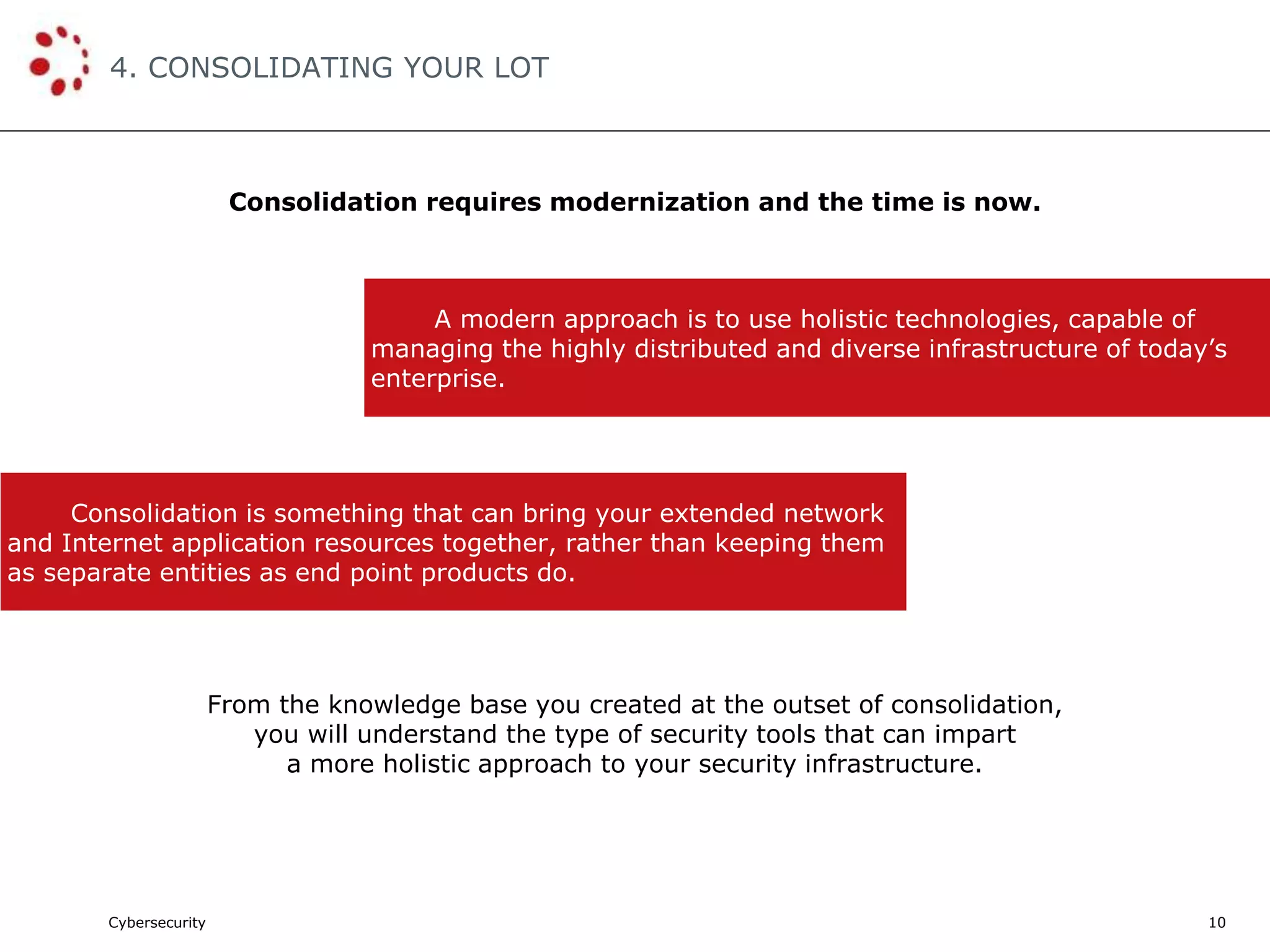 Cybersecurity
4. CONSOLIDATING YOUR LOT
10
Consolidation requires modernization and the time is now.
A modern approach is to use holistic technologies, capable of
managing the highly distributed and diverse infrastructure of today’s
enterprise.
Consolidation is something that can bring your extended network
and Internet application resources together, rather than keeping them
as separate entities as end point products do.
From the knowledge base you created at the outset of consolidation,
you will understand the type of security tools that can impart
a more holistic approach to your security infrastructure.
 