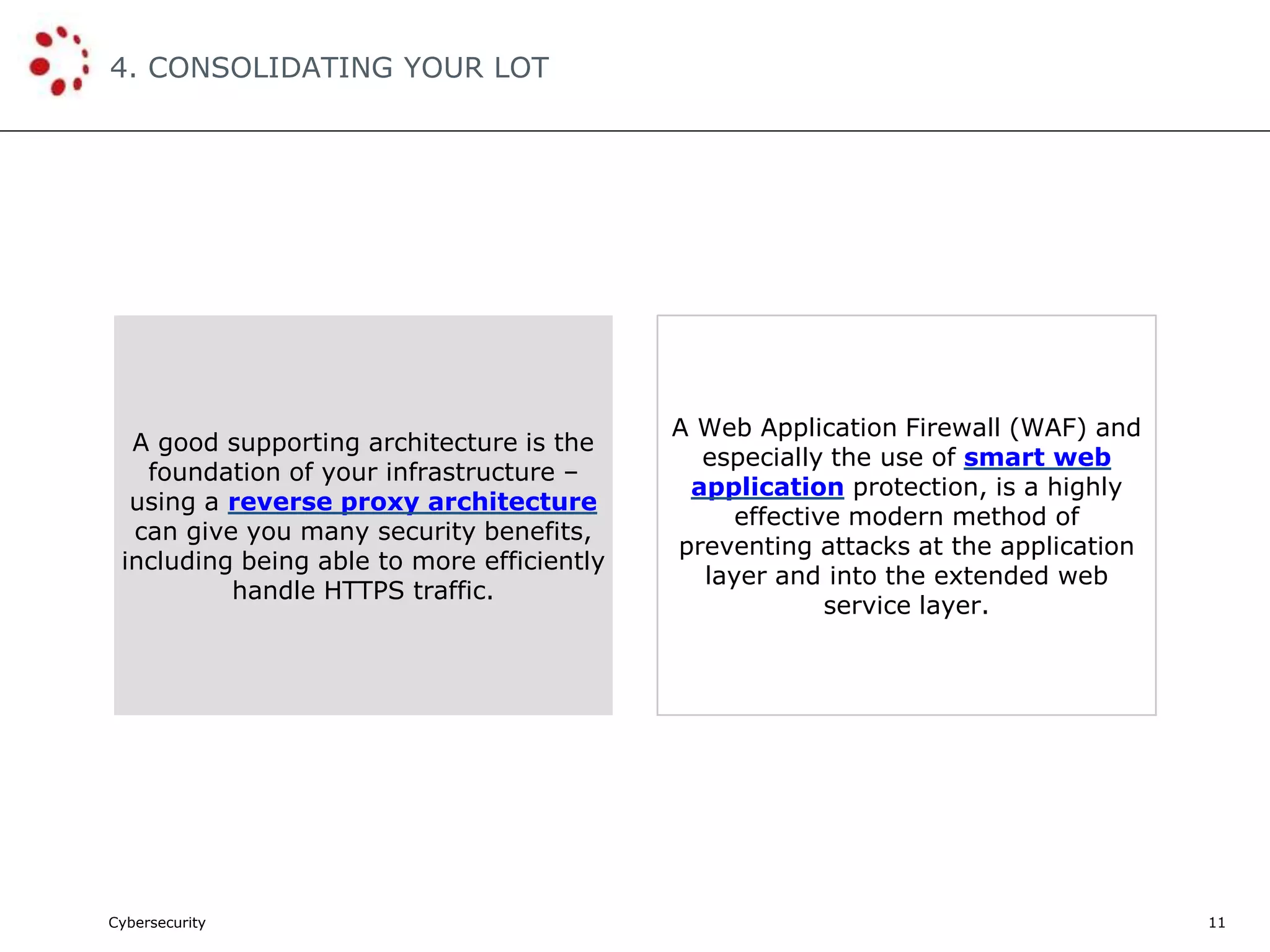 Cybersecurity
4. CONSOLIDATING YOUR LOT
11
A good supporting architecture is the
foundation of your infrastructure –
using a reverse proxy architecture
can give you many security benefits,
including being able to more efficiently
handle HTTPS traffic.
A Web Application Firewall (WAF) and
especially the use of smart web
application protection, is a highly
effective modern method of
preventing attacks at the application
layer and into the extended web
service layer.
 