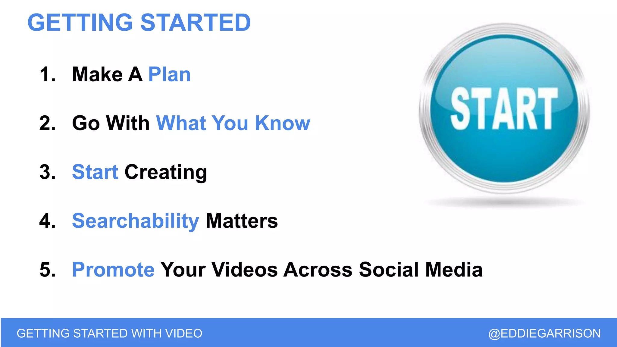 GETTING STARTED
GETTING STARTED WITH VIDEO @EDDIEGARRISON
1. Make A Plan
2. Go With What You Know
3. Start Creating
4. Searchability Matters
5. Promote Your Videos Across Social Media
 
