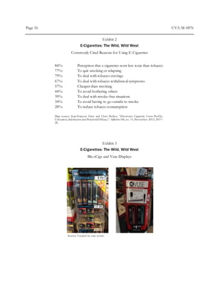 Page 16 UVA-M-0876
Exhibit 2
E-Cigarettes: The Wild, Wild West
Commonly Cited Reasons for Using E-Cigarettes
84%: Perception that e-cigarettes were less toxic than tobacco
77%: To quit smoking or relapsing
79%: To deal with tobacco cravings
67%: To deal with tobacco withdrawal symptoms
57%: Cheaper than smoking
44%: To avoid bothering others
39%: To deal with smoke-free situations
34%: To avoid having to go outside to smoke
28%: To reduce tobacco consumption
Data source: Jean-François Etter and Chris Bullen, “Electronic Cigarette: Users Profile,
Utilization, Satisfaction and PerceivedEfficacy,” Addiction 106, no. 11 (November 2011): 2017–
28.
Exhibit 3
E-Cigarettes: The Wild, Wild West
Blu eCigs and Vuse Displays
Source: Created by case writer.
 