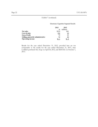 Page 22 UVA-M-0876
Exhibit 7 (continued)
Results for the year ended December 31, 2012, provided here are not
comparable to the results for the year ended December 31, 2013, since
Lorillard purchased blu eCigs on April 24, 2012, and SKYCIG on October 1,
2013.
 