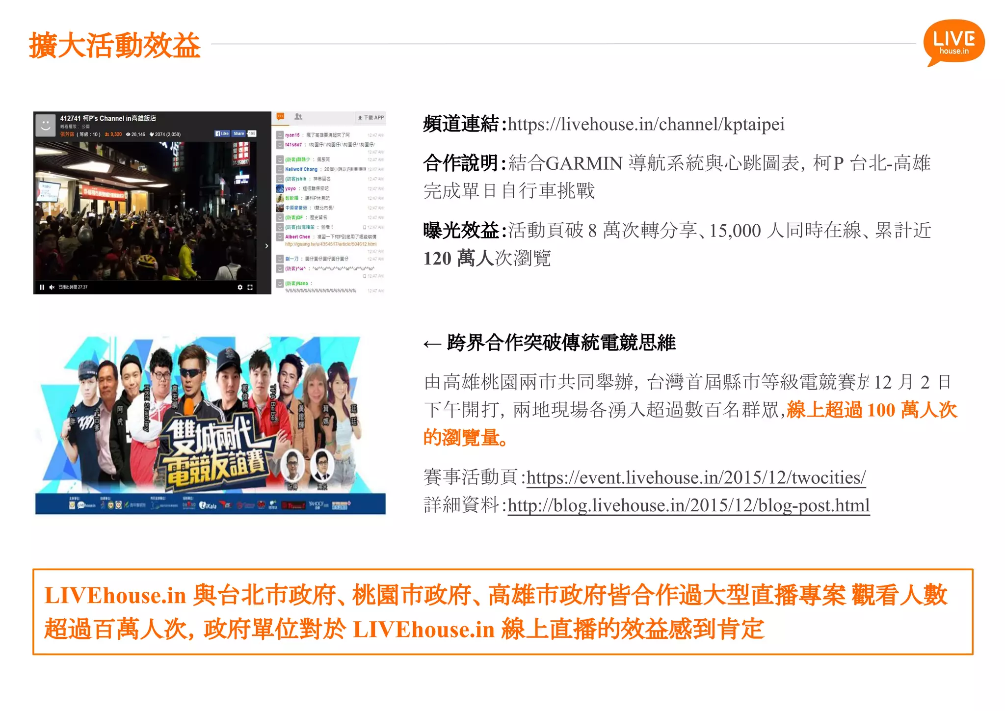 頻道連結：https://livehouse.in/channel/kptaipei
合作說明：結合GARMIN 導航系統與心跳圖表，柯P 台北-高雄
完成單日自行車挑戰
曝光效益：活動頁破 8 萬次轉分享、15,000 人同時在線、累計近
120 萬人次瀏覽
← 跨界合作突破傳統電競思維
由高雄桃園兩市共同舉辦，台灣首屆縣市等級電競賽於12 月 2 日
下午開打，兩地現場各湧入超過數百名群眾，線上超過 100 萬人次
的瀏覽量。
賽事活動頁：https://event.livehouse.in/2015/12/twocities/
詳細資料：http://blog.livehouse.in/2015/12/blog-post.html
擴大活動效益
LIVEhouse.in 與台北市政府、桃園市政府、高雄市政府皆合作過大型直播專案 觀看人數
超過百萬人次，政府單位對於 LIVEhouse.in 線上直播的效益感到肯定
 