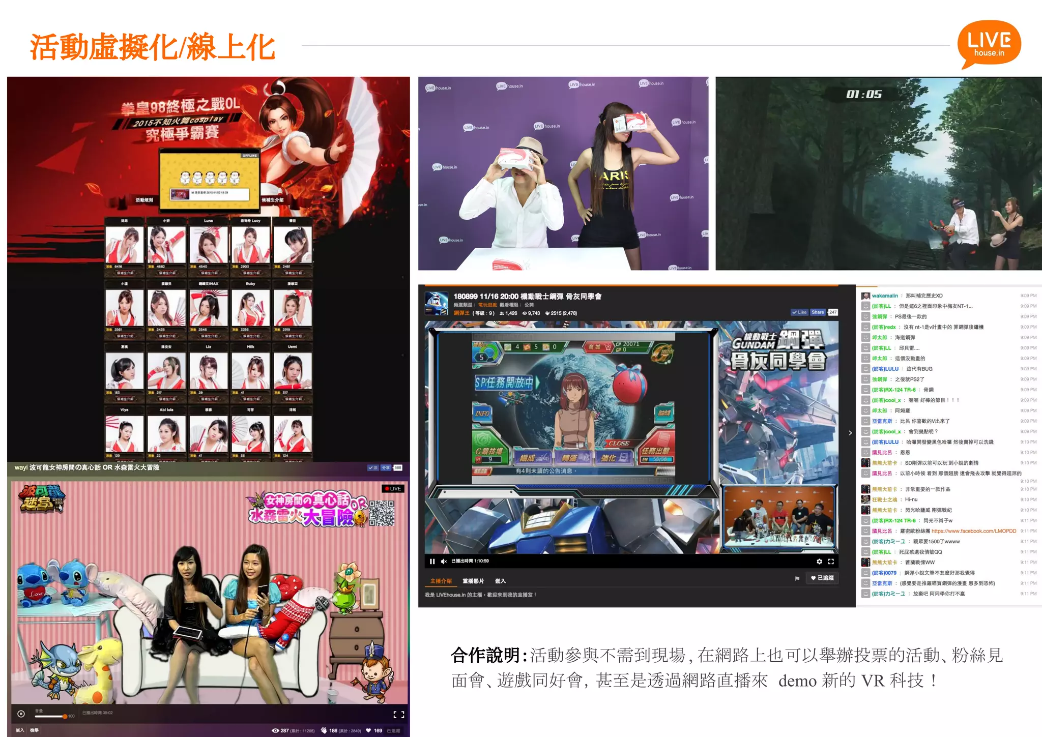 合作說明：活動參與不需到現場 , 在網路上也可以舉辦投票的活動、粉絲見
面會、遊戲同好會，甚至是透過網路直播來 demo 新的 VR 科技！
活動虛擬化/線上化
 