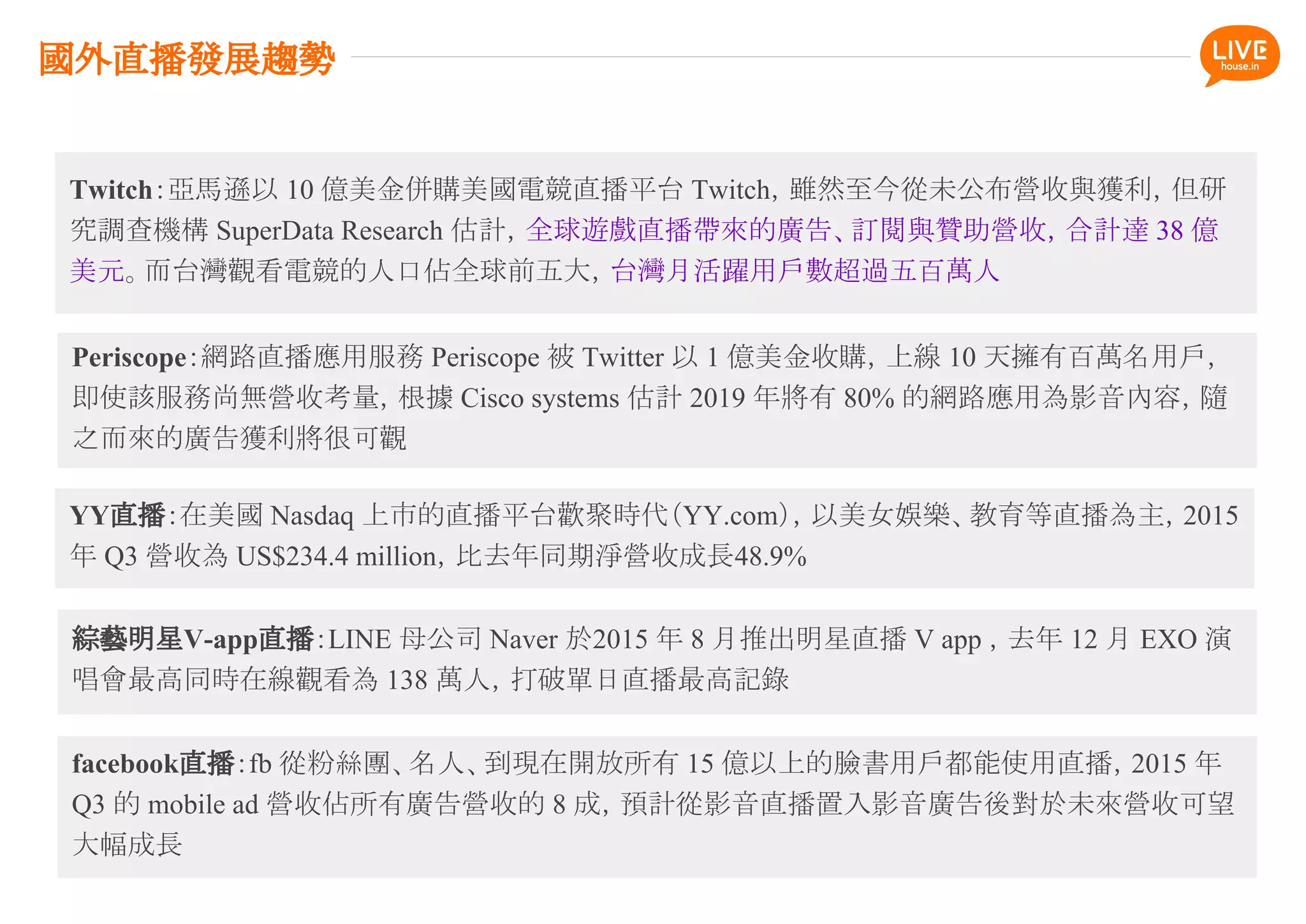 Periscope：網路直播應用服務 Periscope 被 Twitter 以 1 億美金收購，上線 10 天擁有百萬名用戶，
即使該服務尚無營收考量，根據 Cisco systems 估計 2019 年將有 80% 的網路應用為影音內容，隨
之而來的廣告獲利將很可觀
Twitch：亞馬遜以 10 億美金併購美國電競直播平台 Twitch，雖然至今從未公布營收與獲利，但研
究調查機構 SuperData Research 估計，全球遊戲直播帶來的廣告、訂閱與贊助營收，合計達 38 億
美元。而台灣觀看電競的人口佔全球前五大，台灣月活躍用戶數超過五百萬人
YY直播：在美國 Nasdaq 上市的直播平台歡聚時代（YY.com），以美女娛樂、教育等直播為主，2015
年 Q3 營收為 US$234.4 million，比去年同期淨營收成長48.9%
綜藝明星V-app直播：LINE 母公司 Naver 於2015 年 8 月推出明星直播 V app ，去年 12 月 EXO 演
唱會最高同時在線觀看為 138 萬人，打破單日直播最高記錄
facebook直播：fb 從粉絲團、名人、到現在開放所有 15 億以上的臉書用戶都能使用直播，2015 年
Q3 的 mobile ad 營收佔所有廣告營收的 8 成，預計從影音直播置入影音廣告後對於未來營收可望
大幅成長
國外直播發展趨勢
 