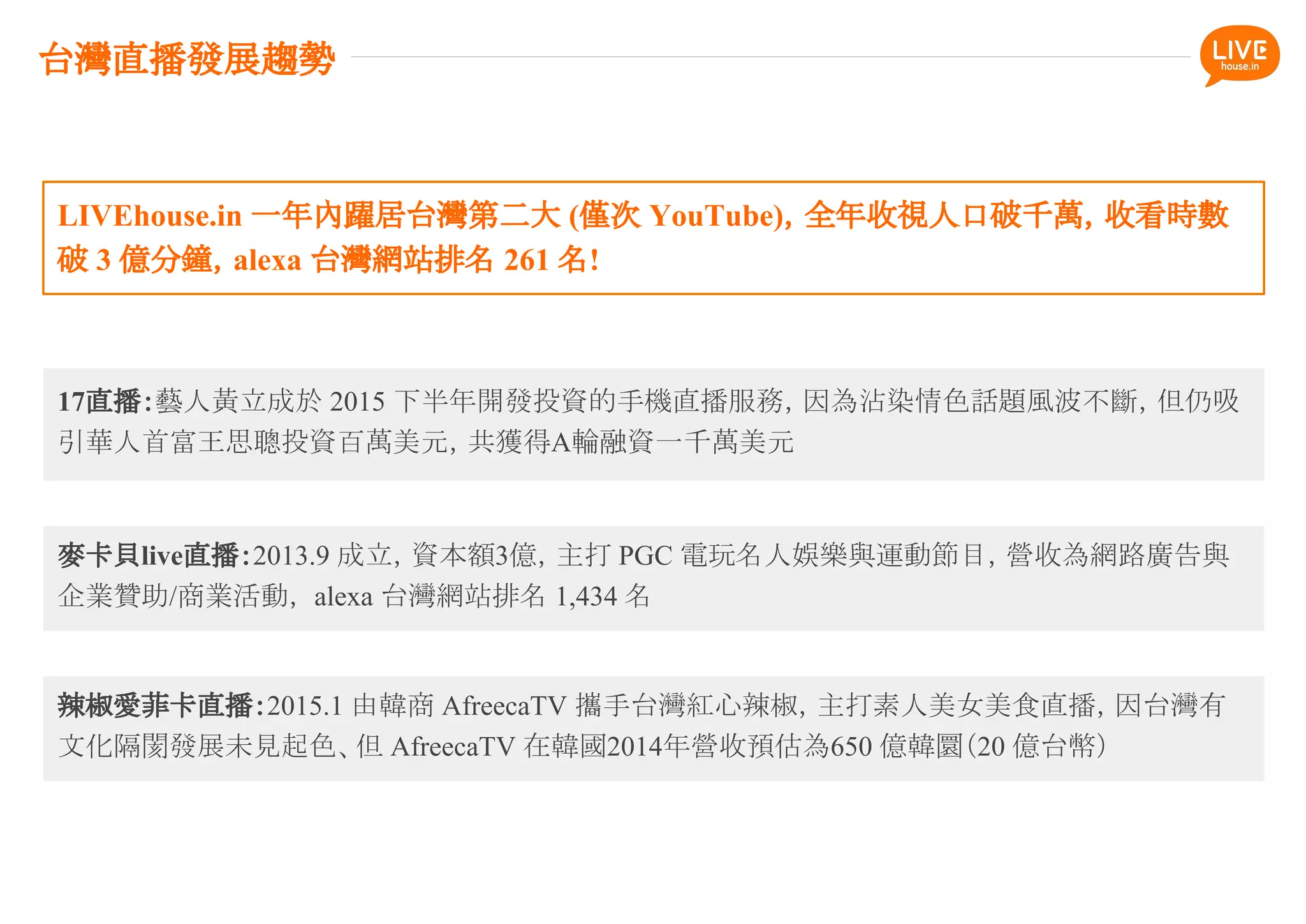 台灣直播發展趨勢
LIVEhouse.in 一年內躍居台灣第二大 (僅次 YouTube)，全年收視人口破千萬，收看時數
破 3 億分鐘，alexa 台灣網站排名 261 名!
麥卡貝live直播：2013.9 成立，資本額3億，主打 PGC 電玩名人娛樂與運動節目，營收為網路廣告與
企業贊助/商業活動， alexa 台灣網站排名 1,434 名
17直播：藝人黃立成於 2015 下半年開發投資的手機直播服務，因為沾染情色話題風波不斷，但仍吸
引華人首富王思聰投資百萬美元，共獲得A輪融資一千萬美元
辣椒愛菲卡直播：2015.1 由韓商 AfreecaTV 攜手台灣紅心辣椒，主打素人美女美食直播，因台灣有
文化隔閡發展未見起色、但 AfreecaTV 在韓國2014年營收預估為650 億韓圜（20 億台幣）
 