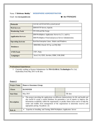 Name : T Srinivas Reddy` WEBSPHERE ADMINISTRATOR
Email : tsr.was@gmail.com : 91-9703562692
Professional Experience:
Protocols TCP/IP,HTTP/HTTPS ,LDAP,SOAP
Web Servers IBM HTTP Server,Apache.
Monitoring Tools ITCAM and Site Scope
Application Servers
IBM WebSphere Application Server 6.x,7.x. and 8.x.
IBM WebSphere Portaland process Server Administration.
Operating Systems Red Hat Enterprise Linux, Solaris and Windows.
Databases
IBM DB2, Oracle 10/11g and My SQL
UNIXTools FTP , Putty
Languages Java (1.6), J2EE, Servlets, JDBC, EJB, RMI
 Currently working as System Administrator for PSS GLOBAL Technologies Pvt. Ltd,
Hyderabad, From May 2013 to till date.
Project 1
Project Name Hanover Insurance Group
Client: HANOVER
Start Date May 2013 Till date
Description
 This project providing the applications on different claims/policies for life and health and
also useful to create a central database for generation a set of reports to improve the
information availability within the organization, to predict future losses and is to help the
senior and middle level management of the organization to determine reserves and
appropriate pricing for policies etc
Role &  Expertise in Installing and Turning IBM WebSphere Application Server
 