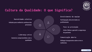 Cultura da Qualidade: O que Significa?
Mentalidade coletiva
Voltada para melhoria contínua dos
processos
Envolvimento da equipe
Participação ativa de todos os
profissionais
Foco na prevenção
Evitar falhas e garantir a segurança
do paciente
Comunicação aberta
Diálogo transparente sobre erros e
melhorias
Liderança ativa
Gestores comprometidos com a
qualidade
 