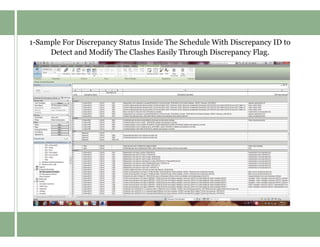 1-Sample For Discrepancy Status Inside The Schedule With Discrepancy ID to
Detect and Modify The Clashes Easily Through Discrepancy Flag.
 