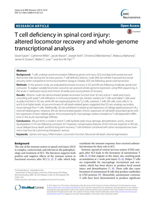Satzer et al. BMC Neurosci (2015) 16:74
DOI 10.1186/s12868-015-0212-0
RESEARCH ARTICLE
T cell deficiency in spinal cord injury:
altered locomotor recovery and whole‑genome
transcriptional analysis
David Satzer1
, Catherine Miller1
, Jacob Maxon1
, Joseph Voth2
, Christina DiBartolomeo1
, Rebecca Mahoney2
,
James R. Dutton2
, Walter C. Low1,2
and Ann M. Parr1,2*
Abstract 
Background:  T cells undergo autoimmunization following spinal cord injury (SCI) and play both protective and
destructive roles during the recovery process. T cell-deficient athymic nude (AN) rats exhibit improved functional
recovery when compared to immunocompetent Sprague–Dawley (SD) rats following spinal cord transection.
Methods:  In the present study, we evaluated locomotor recovery in SD and AN rats following moderate spinal cord
contusion. To explain variable locomotor outcome, we assessed whole-genome expression using RNA sequencing, in
the acute (1 week post-injury) and chronic (8 weeks post-injury) phases of recovery.
Results:  Athymic nude rats demonstrated greater locomotor function than SD rats only at 1 week post-injury,
coinciding with peak T cell infiltration in immunocompetent rats. Genetic markers for T cells and helper T cells were
acutely enriched in SD rats, while AN rats expressed genes for Th2 cells, cytotoxic T cells, NK cells, mast cells, IL-1a,
and IL-6 at higher levels. Acute enrichment of cell death-related genes suggested that SD rats undergo secondary
tissue damage from T cells. Additionally, SD rats exhibited increased acute expression of voltage-gated potassium (Kv)
channel-related genes. However, AN rats demonstrated greater chronic expression of cell death-associated genes and
less expression of axon-related genes. Immunostaining for macrophage markers revealed no T cell-dependent differ-
ence in the acute macrophage infiltrate.
Conclusions:  We put forth a model in which T cells facilitate early tissue damage, demyelination, and Kv channel
dysregulation in SD rats following contusion SCI. However, compensatory features of the immune response in AN rats
cause delayed tissue death and limit long-term recovery. T cell inhibition combined with other neuroprotective treat-
ment may thus be a promising therapeutic avenue.
Keywords:  Spinal cord injury, Inflammation, Locomotor function, Neuronal cell death, Axonal regeneration
© 2015 Satzer et al. This article is distributed under the terms of the Creative Commons Attribution 4.0 International License
(http://creativecommons.org/licenses/by/4.0/), which permits unrestricted use, distribution, and reproduction in any medium,
provided you give appropriate credit to the original author(s) and the source, provide a link to the Creative Commons license,
and indicate if changes were made. The Creative Commons Public Domain Dedication waiver (http://creativecommons.org/
publicdomain/zero/1.0/) applies to the data made available in this article, unless otherwise stated.
Background
The role of the immune system in spinal cord injury (SCI)
is complex, controversial, and relevant to the pathophysi-
ology and treatment of SCI. The literature supports both
positive and negative effects of the immune system in
functional recovery after SCI [1, 2]. T cells, which help
coordinate the immune response, have received substan-
tial attention for their role in SCI.
Systemic spread of central nervous system (CNS) anti-
gens after SCI leads to the formation of autoimmune T
cells [3, 4] that migrate to the injury site, reaching peak
accumulation at 1 week post-injury [5, 6]. Helper T cells
are responsible for macrophage recruitment and acti-
vation, which has been shown to produce focal axonal
injury and demyelination [7, 8]. These cells also cause
formation of autoimmune B cells that produce antibodies
to CNS proteins [9]. Meanwhile, autoimmune cytotoxic
T cells have been demonstrated to produce significant
Open Access
*Correspondence: amparr@umn.edu
1
Department of Neurosurgery, University of Minnesota, D429 Mayo
Memorial Building, MMC 96, 420 Delaware Street, SE, Minneapolis, MN
55455, USA
Full list of author information is available at the end of the article
 
