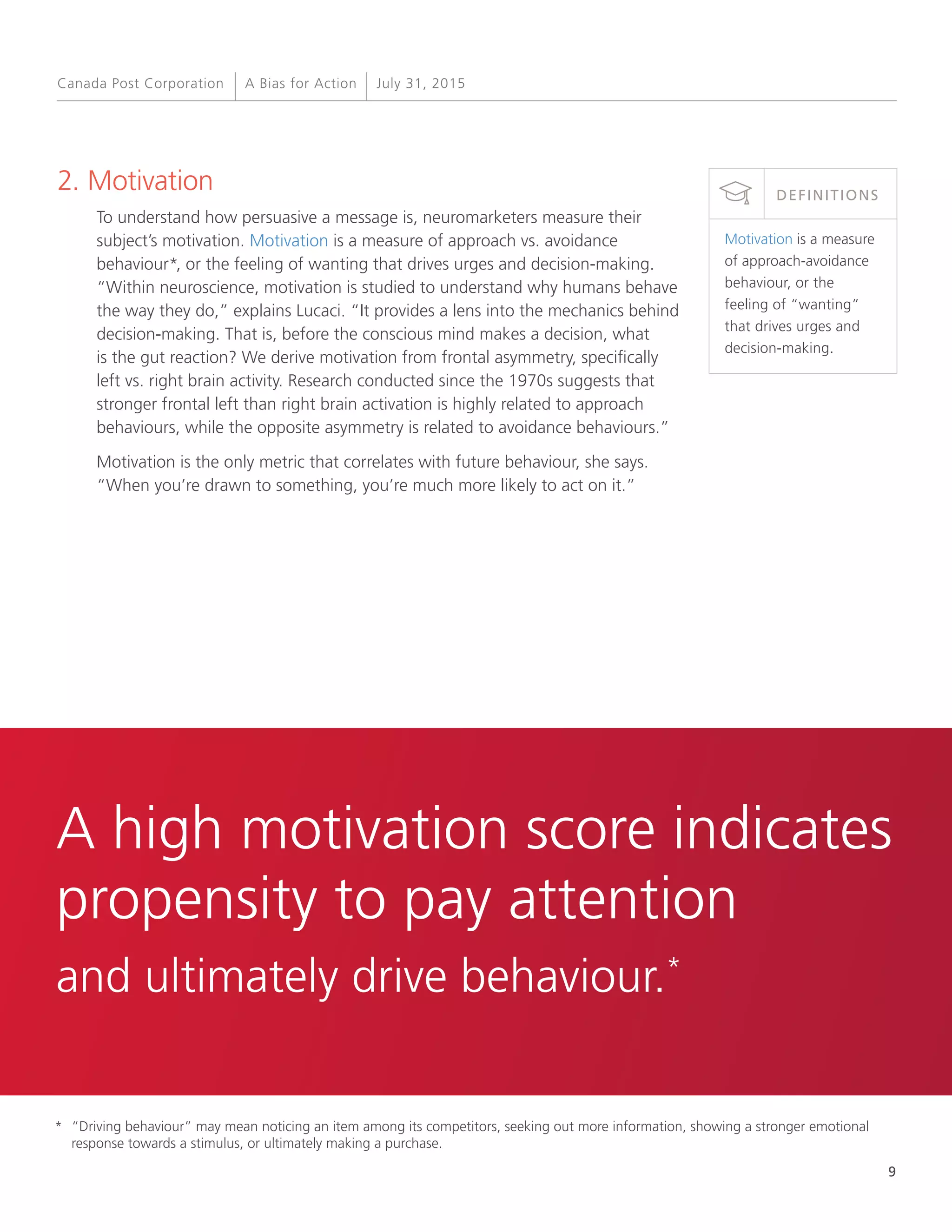 9
A Bias for Action July 31, 2015Canada Post Corporation
2. Motivation
To understand how persuasive a message is, neuromarketers measure their
subject’s motivation. Motivation is a measure of approach vs. avoidance
behaviour*, or the feeling of wanting that drives urges and decision-making.
“Within neuroscience, motivation is studied to understand why humans behave
the way they do,” explains Lucaci. “It provides a lens into the mechanics behind
decision-making. That is, before the conscious mind makes a decision, what
is the gut reaction? We derive motivation from frontal asymmetry, specifically
left vs. right brain activity. Research conducted since the 1970s suggests that
stronger frontal left than right brain activation is highly related to approach
behaviours, while the opposite asymmetry is related to avoidance behaviours.”
Motivation is the only metric that correlates with future behaviour, she says.
“When you’re drawn to something, you’re much more likely to act on it.”
A high motivation score indicates
propensity to pay attention
and ultimately drive behaviour.*
Motivation is a measure
of approach-avoidance
behaviour, or the
feeling of “wanting”
that drives urges and
decision-making.
DEFINITIONS
*	 “Driving behaviour” may mean noticing an item among its competitors, seeking out more information, showing a stronger emotional
response towards a stimulus, or ultimately making a purchase.
 