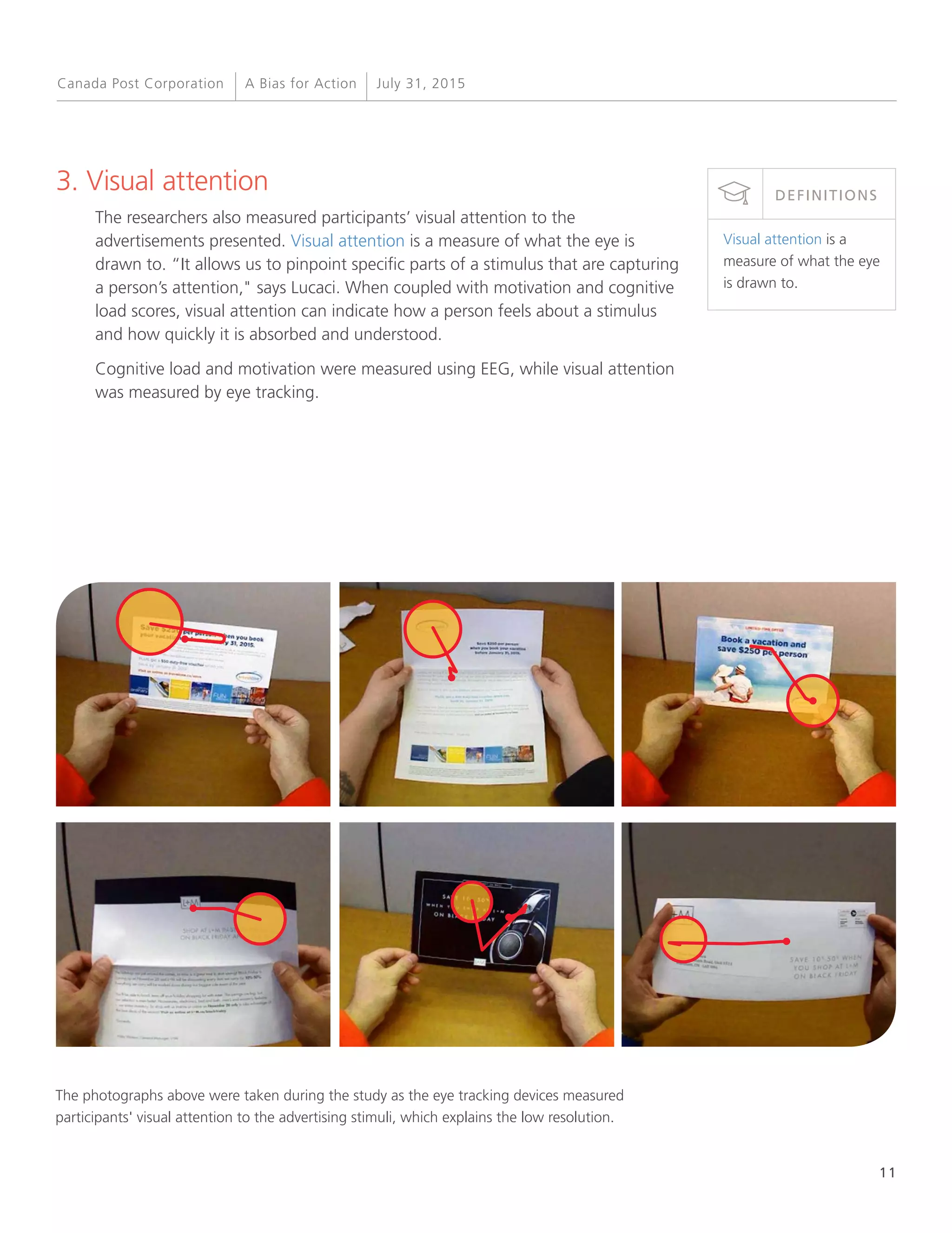 11
A Bias for Action July 31, 2015Canada Post Corporation
3. Visual attention
The researchers also measured participants’ visual attention to the
advertisements presented. Visual attention is a measure of what the eye is
drawn to. “It allows us to pinpoint specific parts of a stimulus that are capturing
a person’s attention," says Lucaci. When coupled with motivation and cognitive
load scores, visual attention can indicate how a person feels about a stimulus
and how quickly it is absorbed and understood.
Cognitive load and motivation were measured using EEG, while visual attention
was measured by eye tracking.
Visual attention is a
measure of what the eye
is drawn to.
DEFINITIONS
The photographs above were taken during the study as the eye tracking devices measured
participants' visual attention to the advertising stimuli, which explains the low resolution.
 