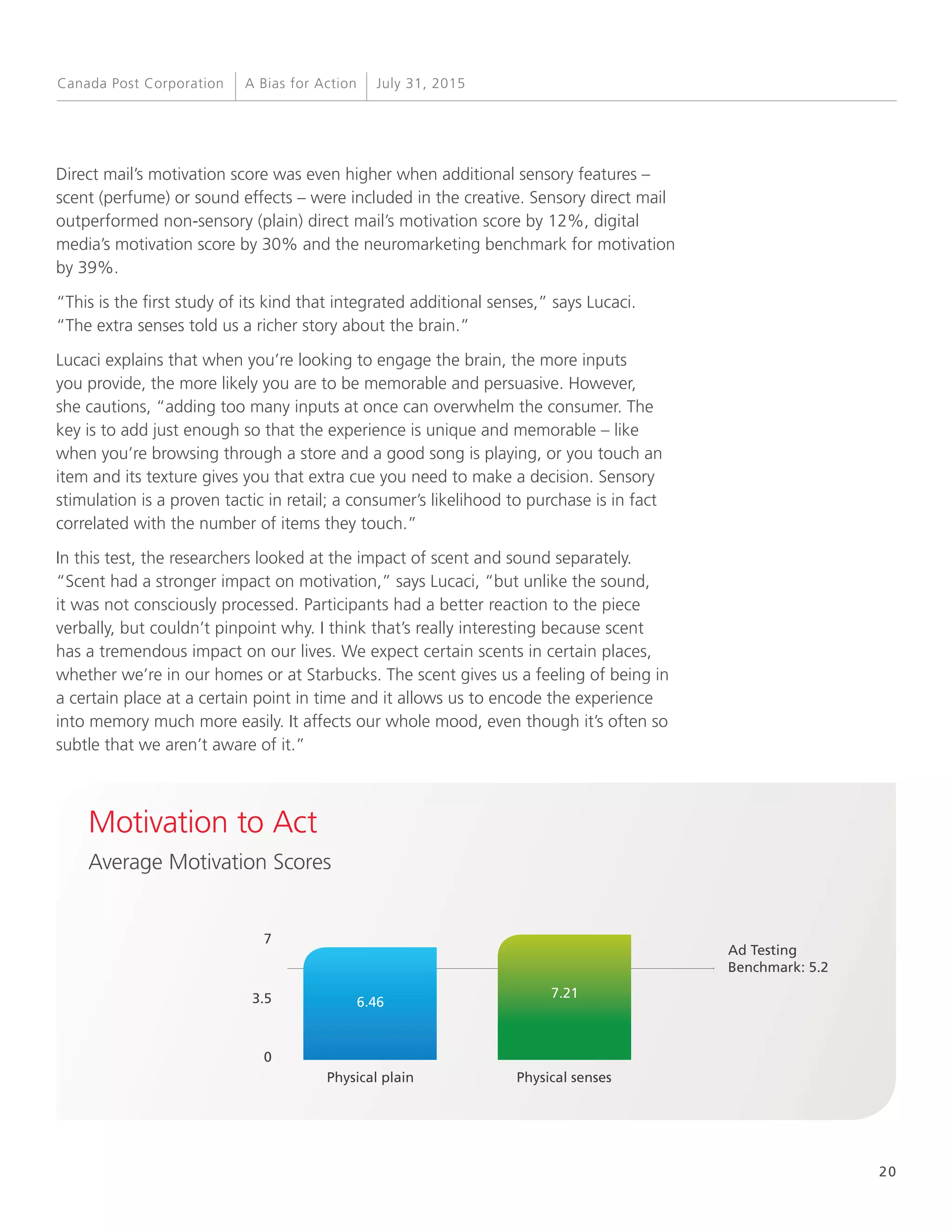 20
A Bias for Action July 31, 2015Canada Post Corporation
Ad Testing
Benchmark: 5.2
Direct mail’s motivation score was even higher when additional sensory features –
scent (perfume) or sound effects – were included in the creative. Sensory direct mail
outperformed non-sensory (plain) direct mail’s motivation score by 12%, digital
media’s motivation score by 30% and the neuromarketing benchmark for motivation
by 39%.
“This is the first study of its kind that integrated additional senses,” says Lucaci.
“The extra senses told us a richer story about the brain.”
Lucaci explains that when you’re looking to engage the brain, the more inputs
you provide, the more likely you are to be memorable and persuasive. However,
she cautions, “adding too many inputs at once can overwhelm the consumer. The
key is to add just enough so that the experience is unique and memorable – like
when you’re browsing through a store and a good song is playing, or you touch an
item and its texture gives you that extra cue you need to make a decision. Sensory
stimulation is a proven tactic in retail; a consumer’s likelihood to purchase is in fact
correlated with the number of items they touch.”
In this test, the researchers looked at the impact of scent and sound separately.
“Scent had a stronger impact on motivation,” says Lucaci, “but unlike the sound,
it was not consciously processed. Participants had a better reaction to the piece
verbally, but couldn’t pinpoint why. I think that’s really interesting because scent
has a tremendous impact on our lives. We expect certain scents in certain places,
whether we’re in our homes or at Starbucks. The scent gives us a feeling of being in
a certain place at a certain point in time and it allows us to encode the experience
into memory much more easily. It affects our whole mood, even though it’s often so
subtle that we aren’t aware of it.”
Motivation to Act
Average Motivation Scores
0
3.5
7
Physical plain Physical senses
6.46
7.21
 