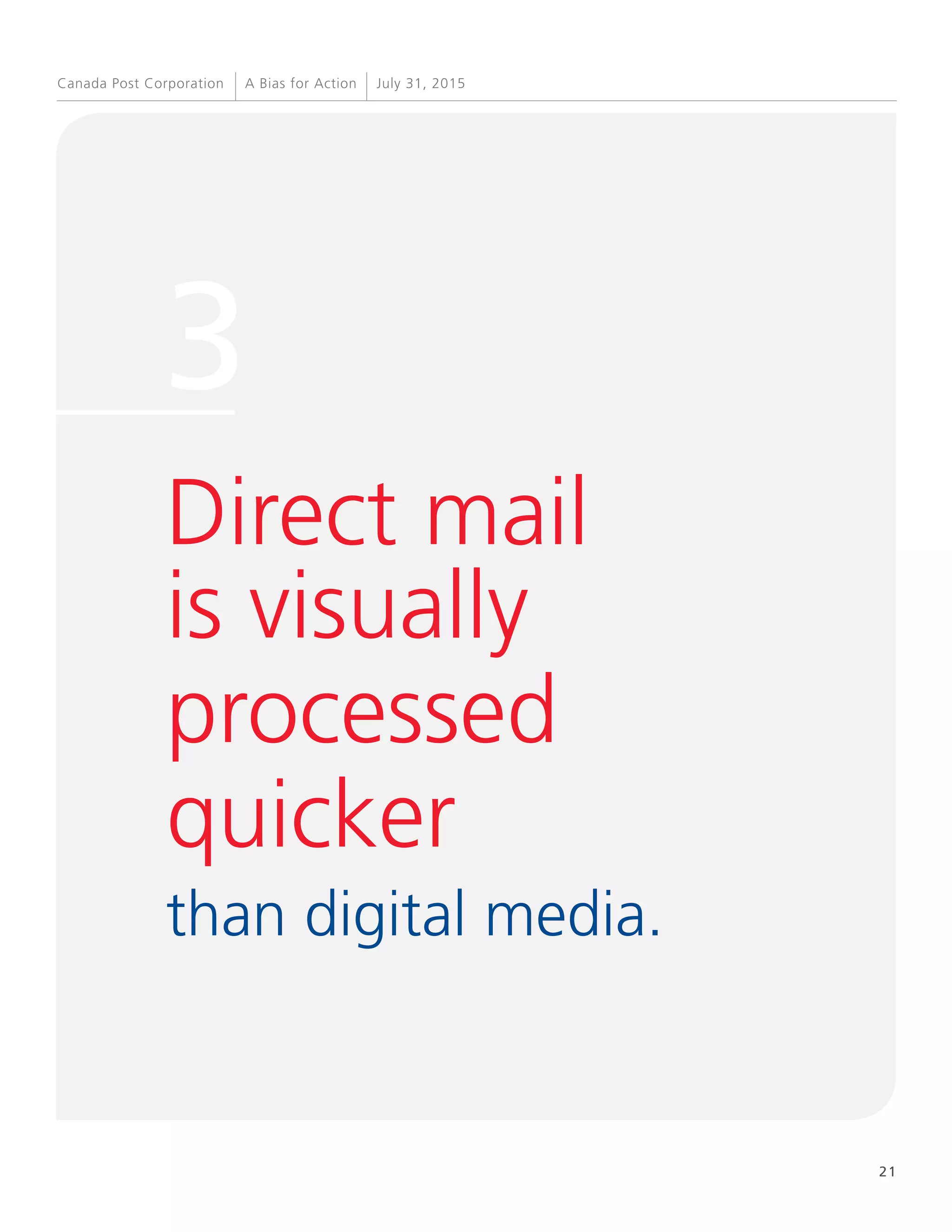 21
A Bias for Action July 31, 2015Canada Post Corporation
3
than digital media.
Direct mail
is visually
processed
quicker
 