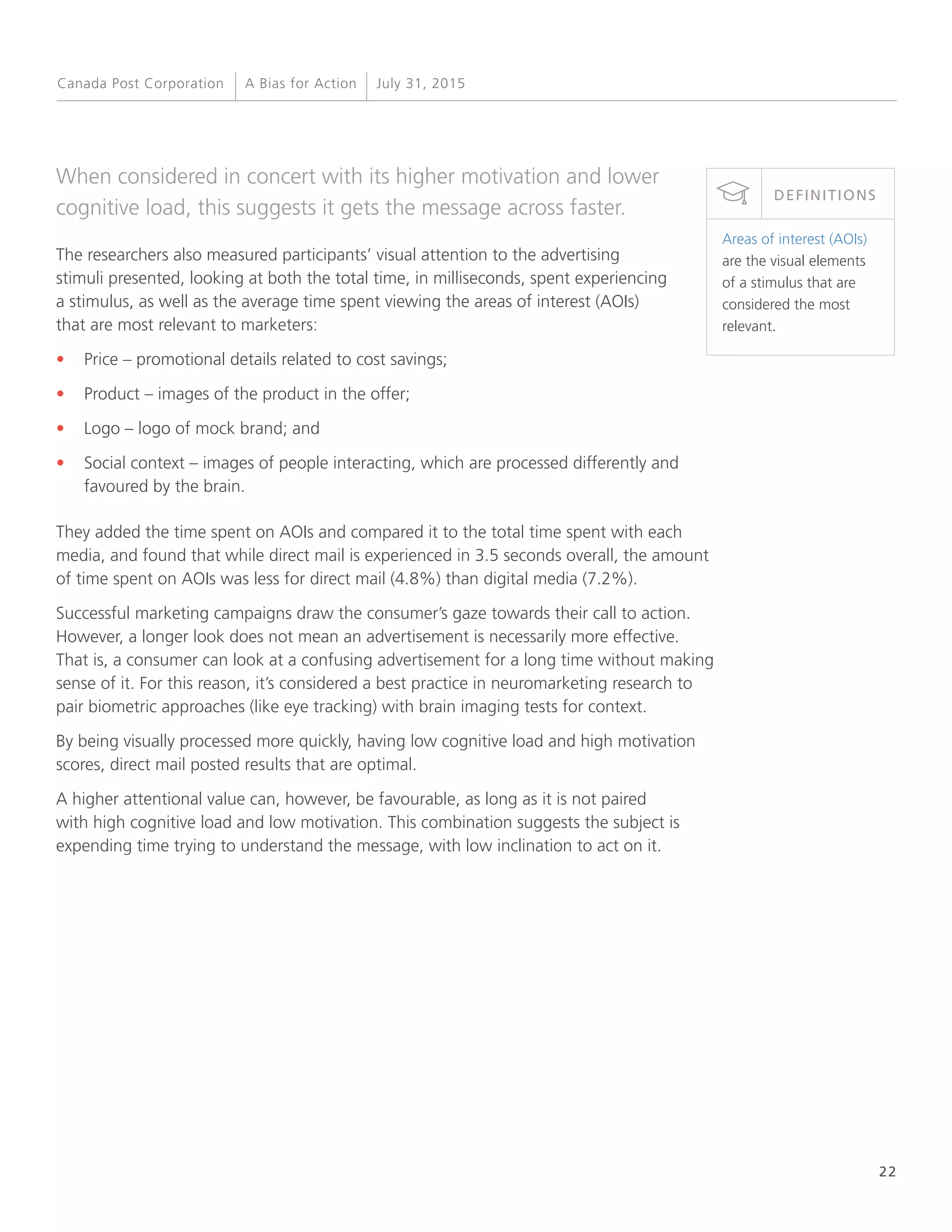 22
A Bias for Action July 31, 2015Canada Post Corporation
When considered in concert with its higher motivation and lower
cognitive load, this suggests it gets the message across faster.
The researchers also measured participants’ visual attention to the advertising
stimuli presented, looking at both the total time, in milliseconds, spent experiencing
a stimulus, as well as the average time spent viewing the areas of interest (AOIs)
that are most relevant to marketers:
•	Price – promotional details related to cost savings;
•	Product – images of the product in the offer;
•	Logo – logo of mock brand; and
•	 Social context – images of people interacting, which are processed differently and
favoured by the brain.
They added the time spent on AOIs and compared it to the total time spent with each
media, and found that while direct mail is experienced in 3.5 seconds overall, the amount
of time spent on AOIs was less for direct mail (4.8%) than digital media (7.2%).
Successful marketing campaigns draw the consumer’s gaze towards their call to action.
However, a longer look does not mean an advertisement is necessarily more effective.
That is, a consumer can look at a confusing advertisement for a long time without making
sense of it. For this reason, it’s considered a best practice in neuromarketing research to
pair biometric approaches (like eye tracking) with brain imaging tests for context.
By being visually processed more quickly, having low cognitive load and high motivation
scores, direct mail posted results that are optimal.
A higher attentional value can, however, be favourable, as long as it is not paired
with high cognitive load and low motivation. This combination suggests the subject is
expending time trying to understand the message, with low inclination to act on it.
Areas of interest (AOIs)
are the visual elements
of a stimulus that are
considered the most
relevant.
DEFINITIONS
 