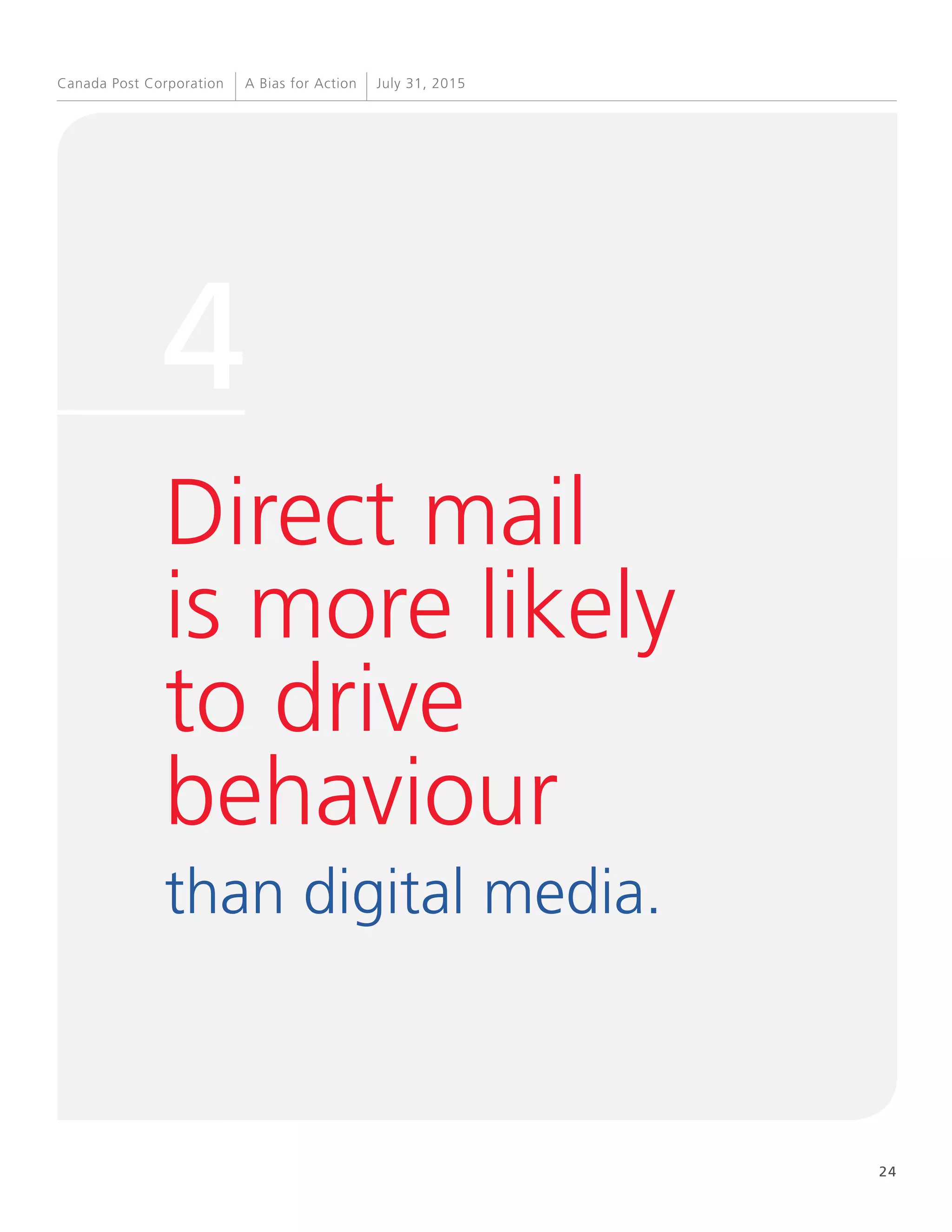 24
A Bias for Action July 31, 2015Canada Post Corporation
4
Direct mail
is more likely
to drive
behaviour
than digital media.
 