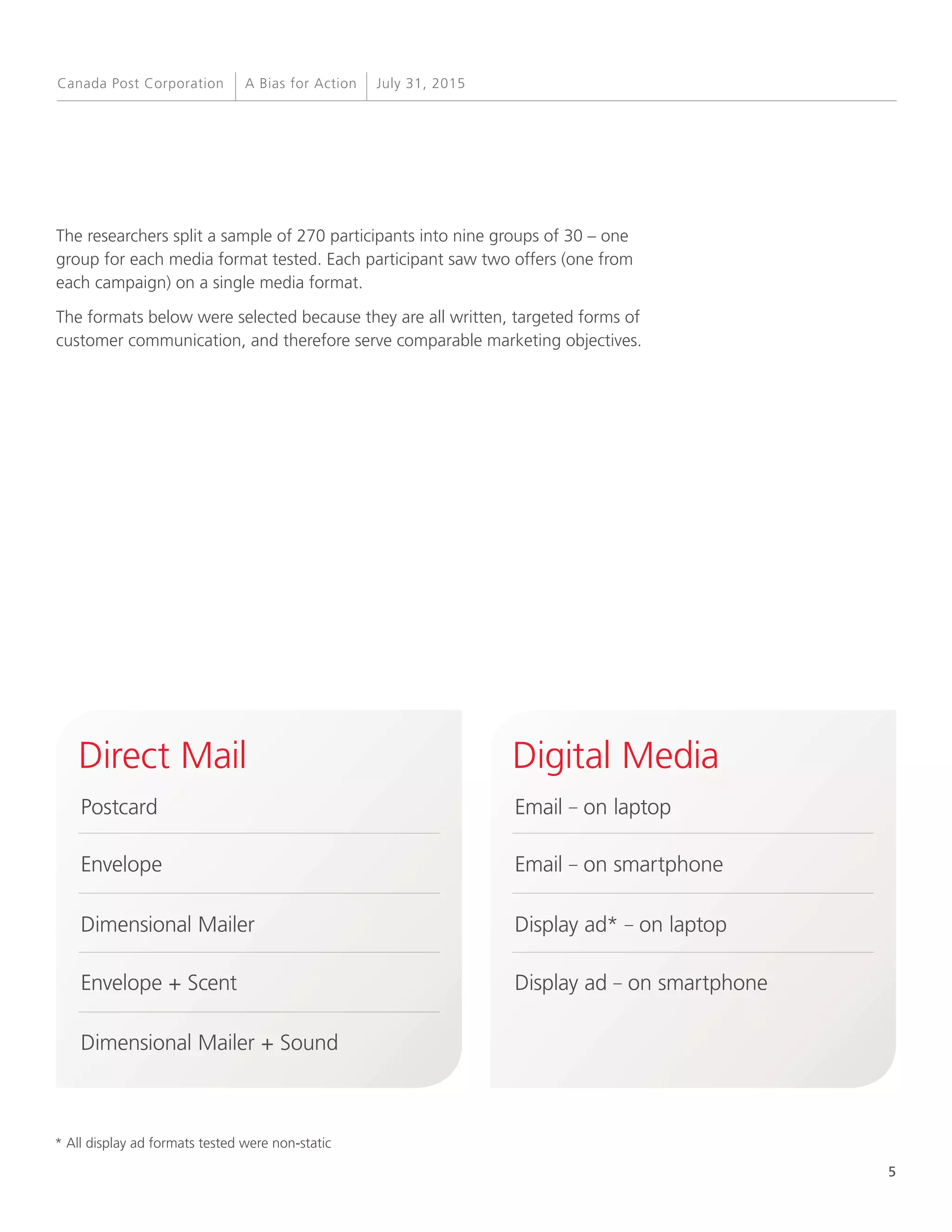 5
A Bias for Action July 31, 2015Canada Post Corporation
The researchers split a sample of 270 participants into nine groups of 30 – one
group for each media format tested. Each participant saw two offers (one from
each campaign) on a single media format.
The formats below were selected because they are all written, targeted forms of
customer communication, and therefore serve comparable marketing objectives.
Direct Mail Digital Media
Postcard Email – on laptop
Envelope Email – on smartphone
Envelope + Scent Display ad – on smartphone
Dimensional Mailer Display ad* – on laptop
Dimensional Mailer + Sound
* All display ad formats tested were non-static
 