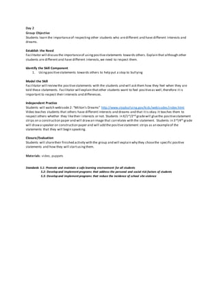 Day 2
Group Objective
Students learn the importanceof respecting other students who aredifferent and have different interests and
dreams.
Establish the Need
Facilitator will discussthe importanceof usingpositivestatements towards others. Explain that although other
students are different and have different interests,we need to respect them.
Identify the Skill Component
1. Usingpositivestatements towards others to help put a stop to bullying
Model the Skill
Facilitator will reviewthe positivestatements with the students and will ask them how they feel when they are
told these statements. Facilitator will explain thatother students want to feel positiveas well,therefore it is
important to respect their interests and differences.
Independent Practice
Students will watch webisode 2: “Milton’s Dreams” http://www.stopbullying.gov/kids/webisodes/index.html
Video teaches students that others have different interests and dreams and that itis okay.It teaches them to
respect others whether they liketheir interests or not. Students in K/1st/2nd gradewill gluethe positivestatement
strips on a construction paper and will drawan image that correlates with the statement. Students in 3rd/4th grade
will drawa speaker on construction paper and will add the positivestatement strips as an exampleof the
statements that they will begin speaking.
Closure/Evaluation
Students will sharetheir finished activity with the group and will explain why they chosethe specific positive
statements and how they will startusingthem.
Materials: video, puppets
Standards 5.1: Promote and maintain a safe learning environment for all students
5.2: Developand implement programs that address the personal and social risk factors of students
5.3: Developand implement programs that reduce the incidence of school site violence
 