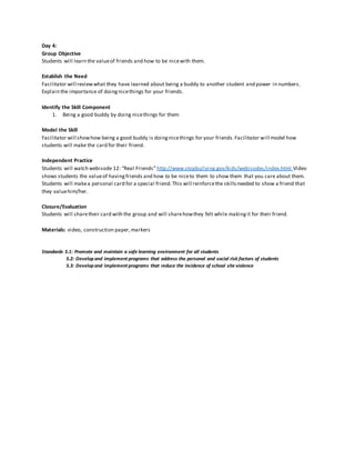 Day 4:
Group Objective
Students will learn the valueof friends and how to be nicewith them.
Establish the Need
Facilitator will reviewwhat they have learned about being a buddy to another student and power in numbers.
Explain the importance of doingnicethings for your friends.
Identify the Skill Component
1. Being a good buddy by doing nicethings for them
Model the Skill
Facilitator will showhow being a good buddy is doingnicethings for your friends.Facilitator will model how
students will make the card for their friend.
Independent Practice
Students will watch webisode 12: “Real Friends” http://www.stopbullying.gov/kids/webisodes/index.html Video
shows students the valueof havingfriends and how to be niceto them to show them that you care about them.
Students will makea personal card for a special friend.This will reinforcethe skillsneeded to show a friend that
they valuehim/her.
Closure/Evaluation
Students will sharetheir card with the group and will sharehowthey felt while makingit for their friend.
Materials: video, construction paper,markers
Standards 5.1: Promote and maintain a safe learning environment for all students
5.2: Developand implement programs that address the personal and social risk factors of students
5.3: Developand implement programs that reduce the incidence of school site violence
 