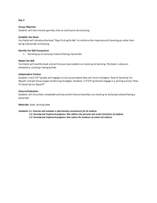 Day 3
Group Objective
Students will learn howto get help, how to stand up to the bullying.
Establish the Need
Facilitator will introducethe book “Stop PickingOn Me” to reinforce the importanceof standingup rather than
being a bystander to bullying.
Identify the Skill Component
1. Standingup to bullyinginstead of beinga bystander
Model the Skill
Facilitator will read the book and will discuss howstudents can stand up to bullying.The book is aboutan
elementary school girl beingbullied.
Independent Practice
Students in K/1st/2nd grades will engagein a discussion where they will recall strategies “How To Stand Up For
Myself” and will drawimages reinforcingstrategies.Students in 3rd/4th gradewill engage in a writingactivity:“How
To Stand Up For Myself?”
Closure/Evaluation
Students will sharetheir completed activity and will discusshowthey can stand up to bullyinginstead of beinga
bystander
Materials: book, writingsheet
Standards 5.1: Promote and maintain a safe learning environment for all students
5.2: Developand implement programs that address the personal and social risk factors of students
5.3: Developand implement programs that reduce the incidence of school site violence
 