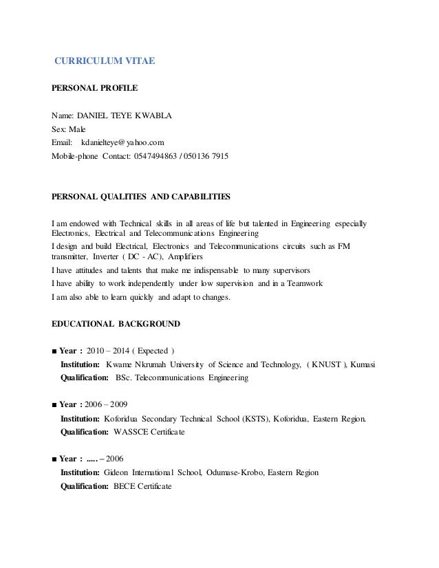 cv daniel teye kwabla telecom engineering telecom engineer cv