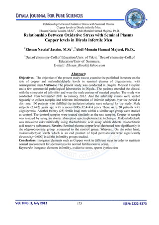 Relationship Between Oxidative Stress with Seminal Plasma
Copper levels in Diyala infertile Men.
Ehssan Nassiaf Jassim, M.Sc†
, Abdl-Monain Hamad Majeed, Ph.D.
175Vol: 8 No: 3, July 2012 ISSN: 2222-8373
Relationship Between Oxidative Stress with Seminal Plasma
Copper levels in Diyala infertile Men
1
Ehssan Nassiaf Jassim, M.Sc†
,2
Abdl-Monain Hamad Majeed, Ph.D.,
1
Dep.of chemistry-Coll.of Education/Univ. of Tikrit. 2
Dep.of chemistry-Coll.of
Education/Univ of Sammura.
E-mail: Ehssan_Bioch@Yahoo.com
Abstract:
Objectives: The objective of the present study was to examine the published literature on the
role of copper and malondialdehyde levels in seminal plasma of oligospermic, with
normopermic men.Methods: The present study was conducted at Baquba Medical Hospital
and a few commercial pathological laboratories in Diyala.. The patients attended the clinical
with the complaint of infertility and were the male partner of married couples. The study was
conducted from November 2011 to January 2012. And the infertility clinics were visited
regularly to collect samples and relevant information of infertile subjects over the period at
this time. 100 patients who fulfilled the inclusion criteria were selected for the study. Male
subjects (23-42) years age with a mean±SDS=32.4±4.4 years There were 20 patients with
oligospermia. Another twenty (25) fertile Iraqi men within a similar age group were studied
as control. The control samples were treated similarly as the test samples. Copper in sample
was assayed by using an atomic absorption spectrophotometric technique. Malondialdehyde
was measured calorimetrically using thiobarbituric acid assay which detects thiobarbituric
acid reactive substances. Results: Seminal plasma copper level decreased non-significantly in
the oligozoospermic group compared to the control group. Whereas,. On the other hand,
malondialdehyde levels which is an end product of lipid peroxidation were significantly
elevated (p=0.000) in all the infertility groups studied.
Conclusions: Inorganic elements such as Copper work in different ways in order to maintain
normal environment for spermatozoa for normal fertilization to occur.
Keywords: Inorganic elements infertility, oxidative stress, sperm dysfunction
 