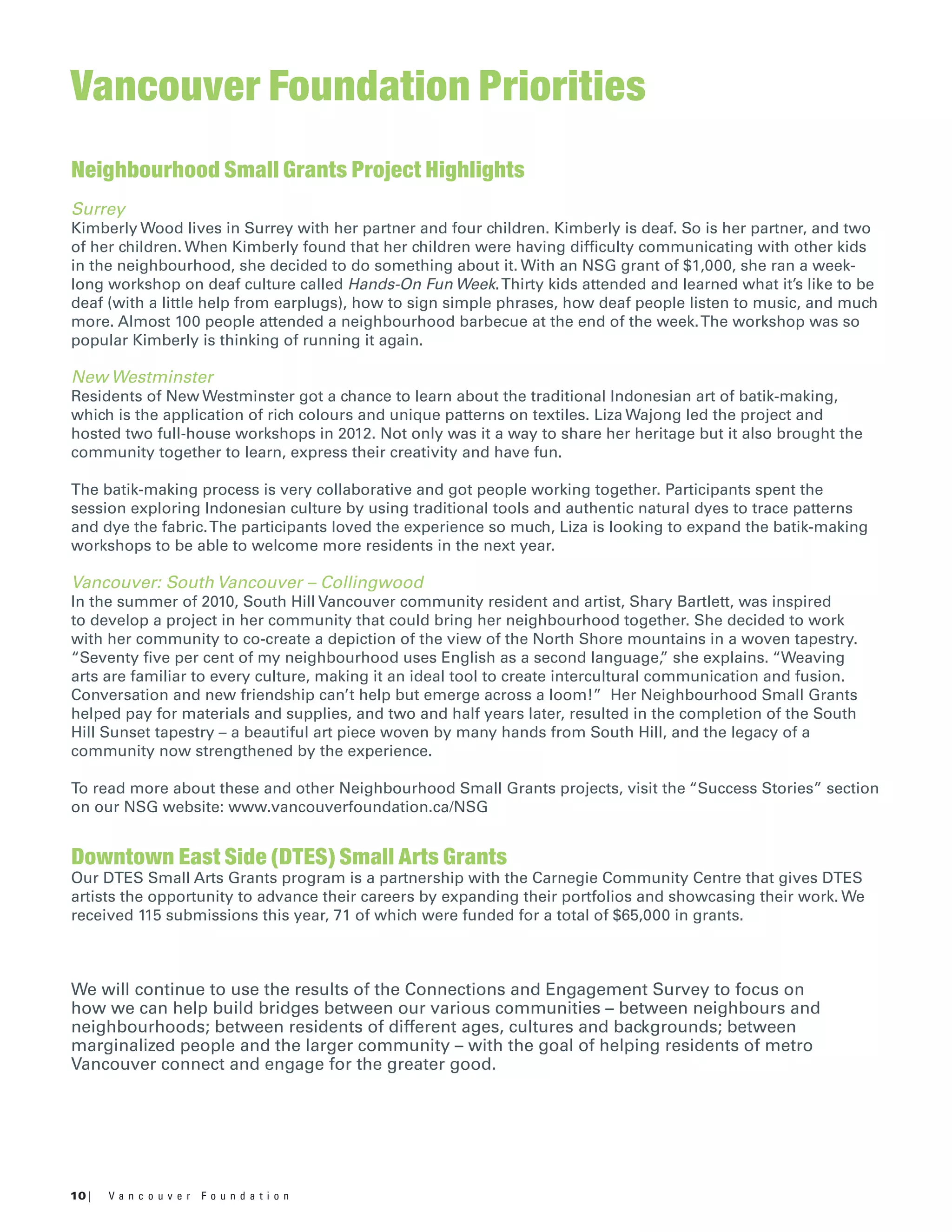 10 | V a n c o u v e r F o u n d a t i o n
Vancouver Foundation Priorities
Neighbourhood Small Grants Project Highlights
Surrey
Kimberly Wood lives in Surrey with her partner and four children. Kimberly is deaf. So is her partner, and two
of her children. When Kimberly found that her children were having difficulty communicating with other kids
in the neighbourhood, she decided to do something about it. With an NSG grant of $1,000, she ran a week-
long workshop on deaf culture called Hands-On Fun Week.Thirty kids attended and learned what it’s like to be
deaf (with a little help from earplugs), how to sign simple phrases, how deaf people listen to music, and much
more. Almost 100 people attended a neighbourhood barbecue at the end of the week.The workshop was so
popular Kimberly is thinking of running it again.
New Westminster
Residents of New Westminster got a chance to learn about the traditional Indonesian art of batik-making,
which is the application of rich colours and unique patterns on textiles. Liza Wajong led the project and
hosted two full-house workshops in 2012. Not only was it a way to share her heritage but it also brought the
community together to learn, express their creativity and have fun.
The batik-making process is very collaborative and got people working together. Participants spent the
session exploring Indonesian culture by using traditional tools and authentic natural dyes to trace patterns
and dye the fabric.The participants loved the experience so much, Liza is looking to expand the batik-making
workshops to be able to welcome more residents in the next year.
Vancouver: South Vancouver – Collingwood
In the summer of 2010, South Hill Vancouver community resident and artist, Shary Bartlett, was inspired
to develop a project in her community that could bring her neighbourhood together. She decided to work
with her community to co-create a depiction of the view of the North Shore mountains in a woven tapestry.
“Seventy five per cent of my neighbourhood uses English as a second language,” she explains. “Weaving
arts are familiar to every culture, making it an ideal tool to create intercultural communication and fusion.
Conversation and new friendship can’t help but emerge across a loom!” Her Neighbourhood Small Grants
helped pay for materials and supplies, and two and half years later, resulted in the completion of the South
Hill Sunset tapestry – a beautiful art piece woven by many hands from South Hill, and the legacy of a
community now strengthened by the experience.
To read more about these and other Neighbourhood Small Grants projects, visit the “Success Stories” section
on our NSG website: www.vancouverfoundation.ca/NSG
Downtown East Side (DTES) Small Arts Grants
Our DTES Small Arts Grants program is a partnership with the Carnegie Community Centre that gives DTES
artists the opportunity to advance their careers by expanding their portfolios and showcasing their work. We
received 115 submissions this year, 71 of which were funded for a total of $65,000 in grants.
We will continue to use the results of the Connections and Engagement Survey to focus on
how we can help build bridges between our various communities – between neighbours and
neighbourhoods; between residents of different ages, cultures and backgrounds; between
marginalized people and the larger community – with the goal of helping residents of metro
Vancouver connect and engage for the greater good.
 