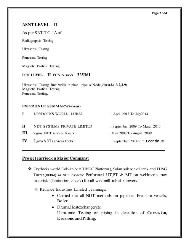 cv for pcn ndt inspector ut3 1 3 2 3 9 mt pt ndt resume samples