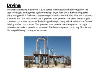 Drying:
The wet cake having moisture 8 – 12% comes in contact with hot drying air in the
cage mill & gets conveyed to cyclone through dryer flash ducts & the drying takes
place in cage mill & flash duct. Water evaporation is around 8 % to 10%. Final product
is around 1 – 1.5% moisture & size is granules cum powder. The dried material gets
conveyed to cyclone separator & discharge through rotary airlock valve in the form of
dried granules cum powder. This granules cum powder are then passed through
pulverizer to make it powder as required. The fines are passed on to bag filter & are
discharged through rotary air lock valves.
 